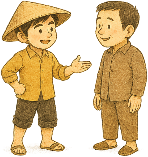 Chàng trai, trò chuyện, đàn ông, nông dân, hàng xóm, nón lá, young man, chatting, man, farmer, neighbor, conical hat