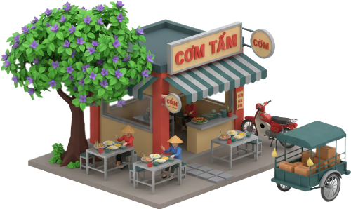 Mô hình, cơm tấm, quán ăn, ẩm thực đường phố, nón lá, xe máy, xe ba gác, cây hoa, đường phố, việt nam, model, broken rice, food stall, street food, conical hat, motorbike, tricycle, flowering tree, street, vietnam 6