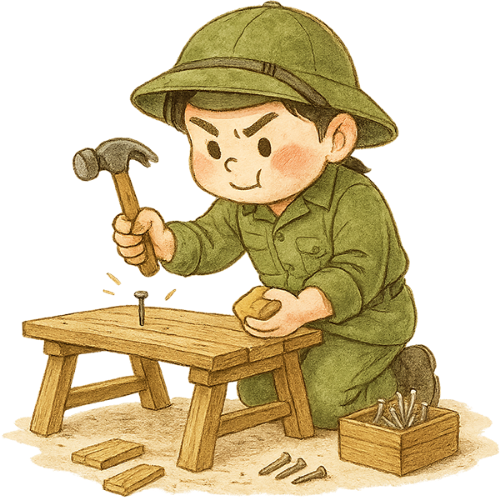 Bộ đội, đóng đinh, chàng trai, vui vẻ, ghế, ghế gỗ, búa, đinh, dễ thương, soldier, hammering nails, young man, cheerful, chair, wooden chair, hammer, nail, cute