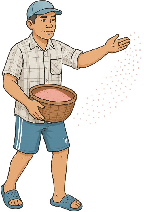 Ông chú, rải phân, đàn ông, thúng tre, phân bón, uncle, spreading fertilizer, man, bamboo basket, fertilizer