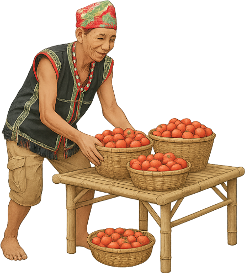 Ông cụ, sắp xếp, đàn ông, cà chua, giỏ mây, bàn tre, old man, arranging, man, tomato, rattan basket, bamboo table