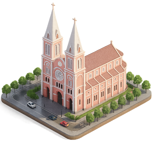 Mô hình, nhà thờ đức bà, đường xá, cây cối, phương tiện, ô tô, model, notre dame cathedral, roads, trees, vehicles, car