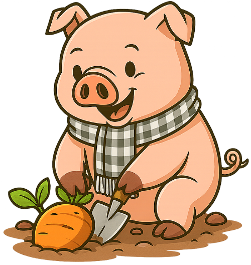 Heo, đào bới, lợn, củ, xẻng, khăn rằn, dễ thương, pig, digging, hog, root/tuber, shovel, checkered scarf, cute