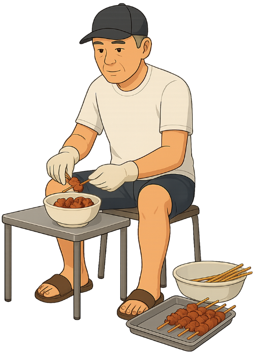 Ông cụ, tách thịt nướng, đàn ông, khay thịt, bàn, ghế, thịt xiên nướng, old man, separating grilled meat, man, meat tray, table, chair, grilled meat skewers