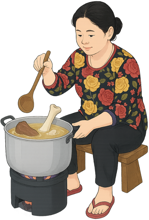 Bà cô, nấu nước lèo, phụ nữ, nồi, thịt, xương, bếp lửa, aunt, cooking broth, woman, pot, meat, bones, stove fire 2