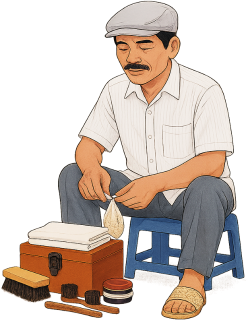 Ông chú, đánh giày, đàn ông, giày, ghế, dụng cụ đánh giày, bàn chải, kem, uncle, shining shoes, man, shoes, chair, shoe shining tools, brush, cream 4