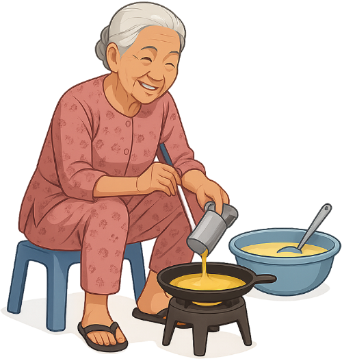 Bà cụ, làm bánh xèo, phụ nữ, bột, ghế, chảo chống dính, bếp ga, old woman, making sizzling pancake, woman, flour/batter, chair, non-stick pan, gas stove