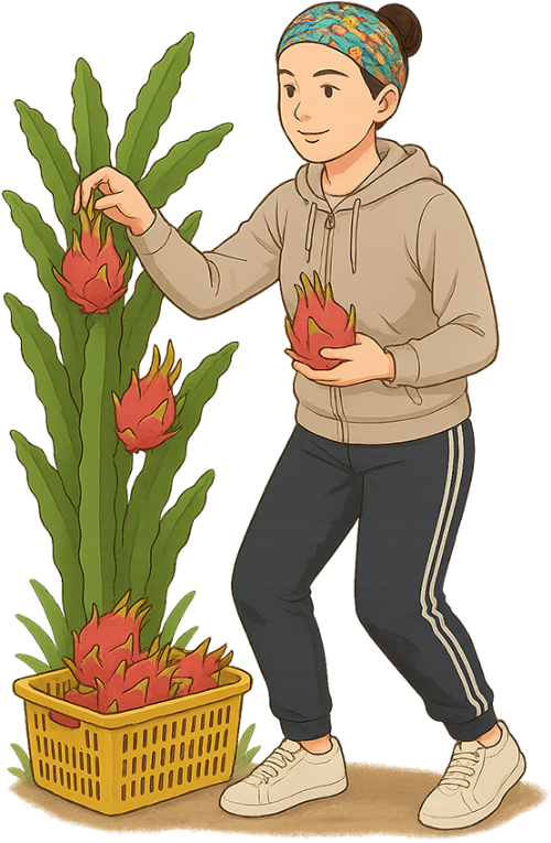 Cô gái, hái thanh long, phụ nữ, thanh long, cây thanh long, giỏ nhựa, girl, picking dragon fruit, woman, dragon fruit, dragon fruit plant, plastic basket