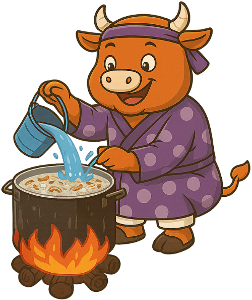 Con bò, nấu cháo, xô nước, áo dài, dễ thương, vui vẻ, cow, cooking porridge, water bucket, ao dai, cute, cheerful