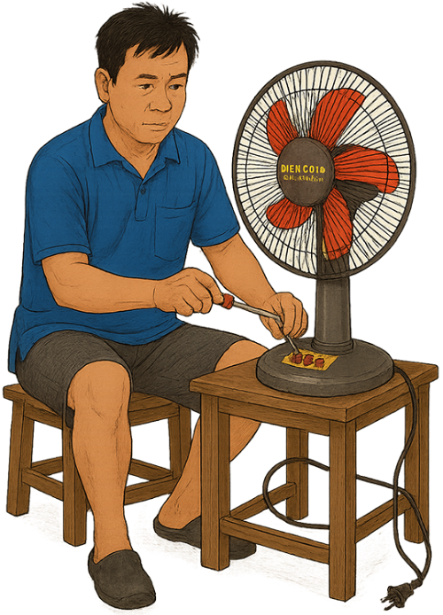 Ông chú, sửa quạt, đàn ông, thợ sửa chữa đồ điện, quạt máy, bàn, ghế, uncle, repairing fan, man, electrical appliance repairman, electric fan, table, chair 2