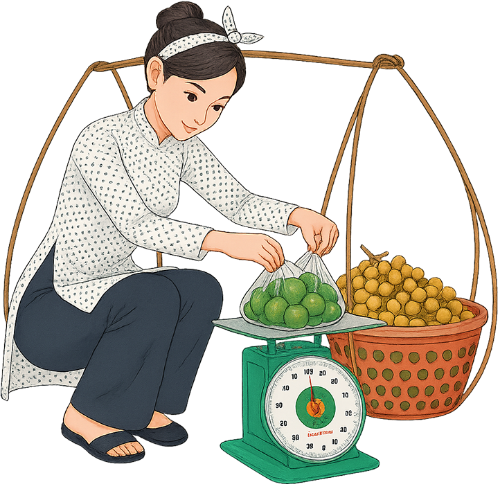 Cô gái, cân đồ, phụ nữ, áo dài, long nhãn, cam, đòn gánh, cân, rổ nhựa, young woman, weighing goods, woman, traditional Vietnamese dress (áo dài), longan, orange, carrying pole, scale, plastic basket