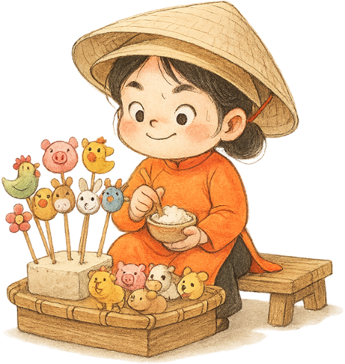 Cô gái, nặn tò he, phụ nữ, nón lá, cái bàn, cái ghế, tò he, girl, making tò he figurines, woman, conical hat, table, chair, tò he figurine, cute
