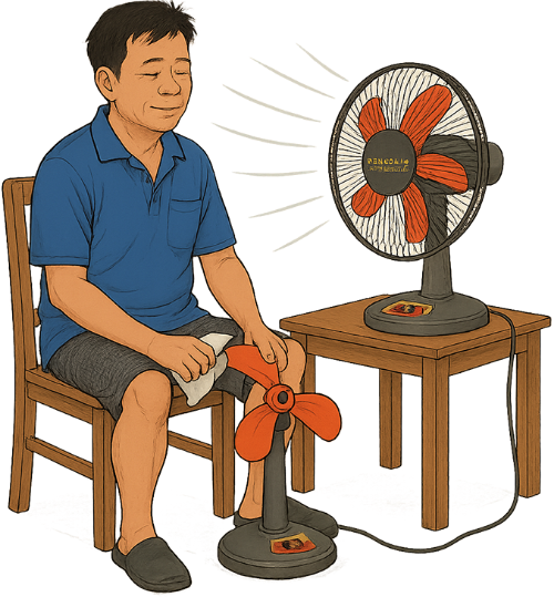 Ông chú, sửa quạt, đàn ông, thợ sửa chữa đồ điện, quạt máy, bàn, ghế, uncle, repairing fan, man, electrical appliance repairman, electric fan, table, chair