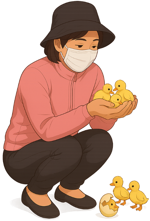 Cô gái, bế vịt, phụ nữ, vịt con, trứng vịt, khẩu trang, mũ xô, girl, holding duck, woman, duckling, duck egg, face mask, bucket hat