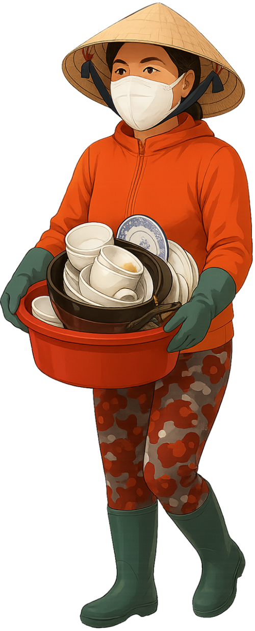 Cô gái, bê đồ, phụ nữ, găng tay rửa chén, nón lá, chén, đĩa, bát, thau nhựa, girl, carrying items, woman, dishwashing gloves, conical hat, cup, plate, bowl, plastic basin