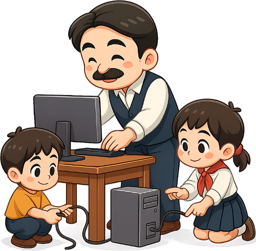 Giáo viên, thầy giáo, học sinh, sửa máy tính, teacher, male teacher, students, repairing computer