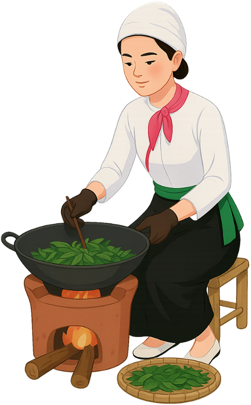 Cô gái, sao chè, phụ nữ, vui vẻ, chảo, bếp, ghế, lá chè, girl, roasting tea, woman, cheerful, pan, stove, chair, tea leaves