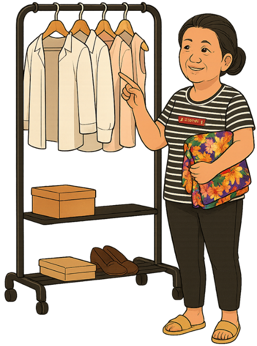 Bà cô, bán hàng, phụ nữ, quần áo, sấp vải, móc treo đồ, aunt, selling goods, woman, clothes, fabric stack, clothes hanger