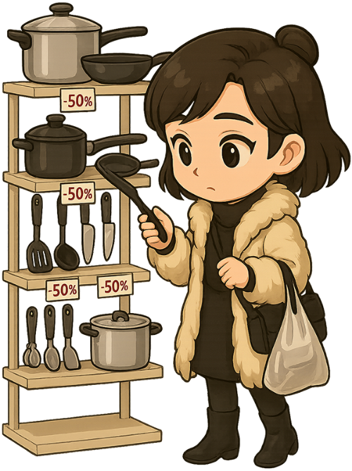 Cô gái, mua sắm, phụ nữ, áo, áo lông, túi xách, dụng cụ nấu ăn, kệ trưng bày, girl, shopping, woman, shirt, fur coat, handbag, cooking utensils, display shelf