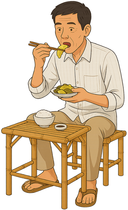 Ông chú, ăn cơm, đàn ông, bàn tre, ghế tre, cơm, cải chua, uncle, eating rice, man, bamboo table, bamboo chair, rice, pickled mustard greens