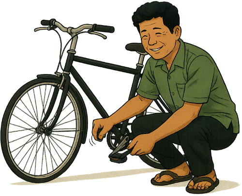 Ông chú, sửa xe, đàn ông, thợ sửa xe, xe đạp, nồi, vít, uncle, repairing bicycle, man, mechanic, bicycle, pot, screw 3