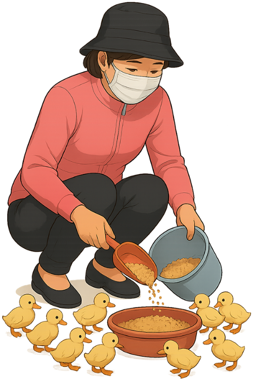 Cô gái, cho vịt ăn, phụ nữ, vịt con, cám vịt, khẩu trang, mũ xô, girl, feeding duck, woman, duckling, duck feed, face mask, bucket hat