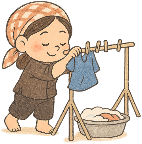 Cô gái, phơi đồ, phụ nữ, thau đồ, giá phơi đồ, dễ thương, girl, hanging clothes to dry, woman, laundry basin, clothes rack, cute
