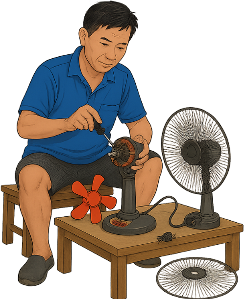 Ông chú, sửa quạt, đàn ông, thợ sửa chữa đồ điện, quạt máy, bàn, ghế, uncle, repairing fan, man, electrical appliance repairman, electric fan, table, chair 1