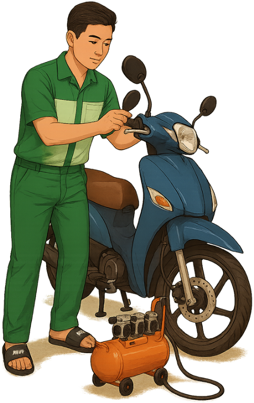 Chàng trai, sửa xe, đàn ông, thợ sửa xe, máy bơm xe, xe máy, young man, repairing motorbike, man, mechanic, air pump, motorbike