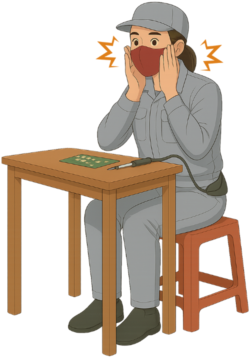 Cô gái, vỗ má, phụ nữ, công nhân, linh kiện, bàn, ghế, girl, patting cheek, woman, worker, component, table, chair