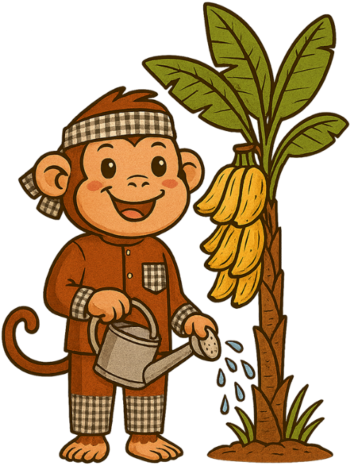 Khỉ, tưới cây, áo bà ba, bình tưới nước, cây chuối, dễ thương, monkey, watering plants, ao ba ba, watering can, banana tree, cute
