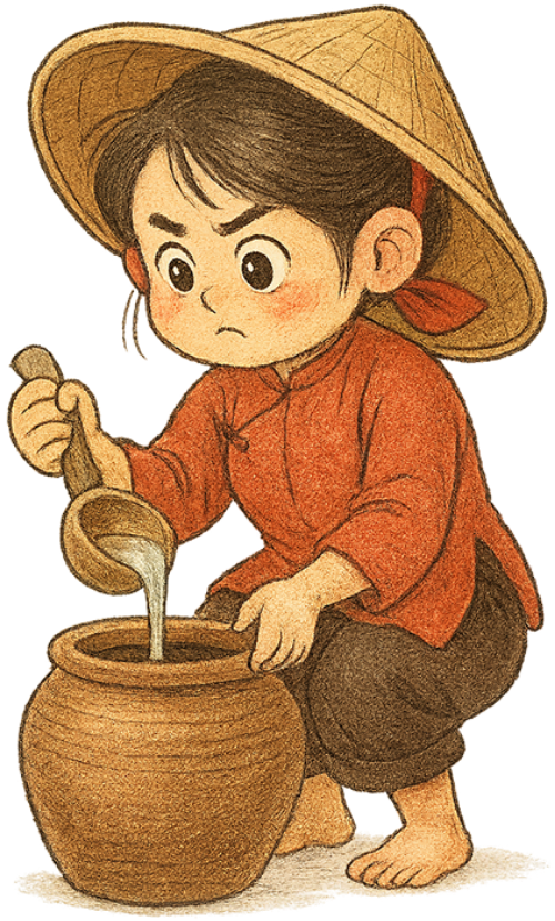 Cô gái, múc nước, phụ nữ, nón lá, gáo múc nước, chum nước, dễ thương, girl, scooping water, woman, conical hat, water scoop, water jar, cute