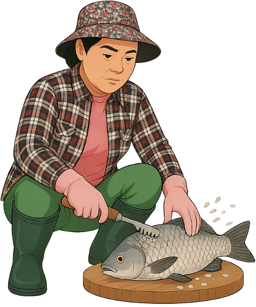 Bà cô, làm cá, phụ nữ, đánh vảy, cá, thớt, auntie, preparing fish, woman, scaling, fish, cutting board