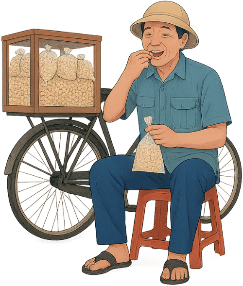 Ông chú, ăn vặt, đàn ông, xe đạp, tủ kính, ghế, túi nhựa, uncle, eating snacks, man, bicycle, glass display case, chair, plastic bag