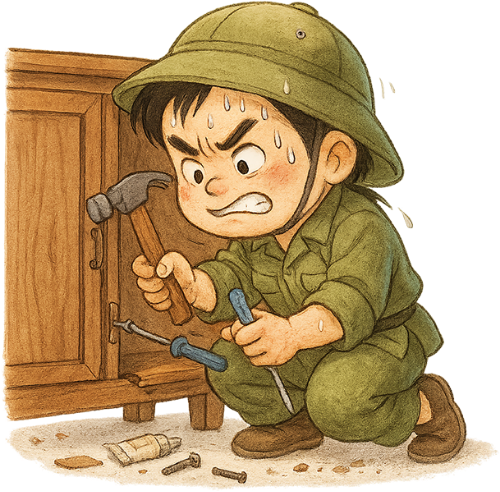 Bộ đội, sửa chữa, chàng trai, mệt mỏi, tủ, tủ gỗ, búa, vít, dễ thương, soldier, repairing, young man, tired, cupboard, wooden cupboard, hammer, screw, cute