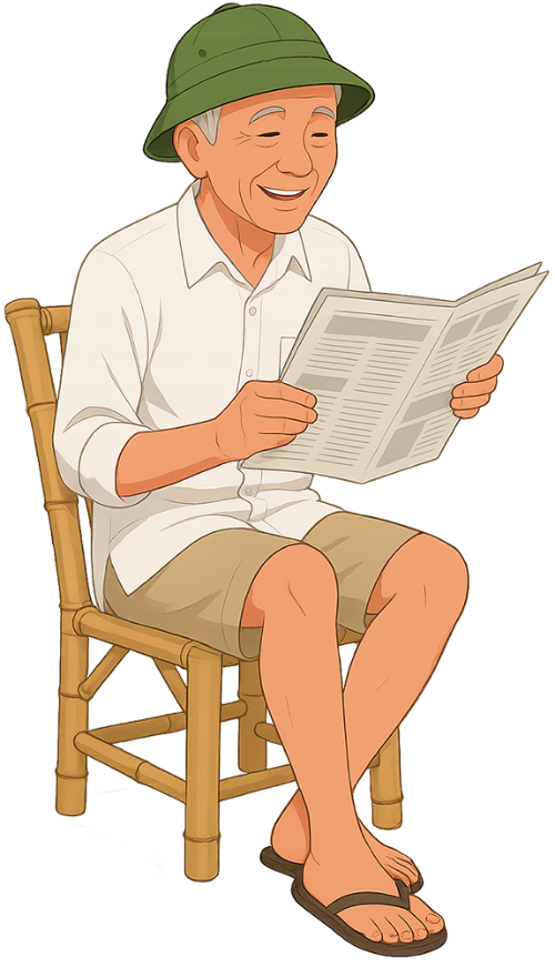 Ông cụ, đọc báo, đàn ông, vui vẻ, báo, ghế tre, old man, reading newspaper, man, cheerful, newspaper, bamboo chair