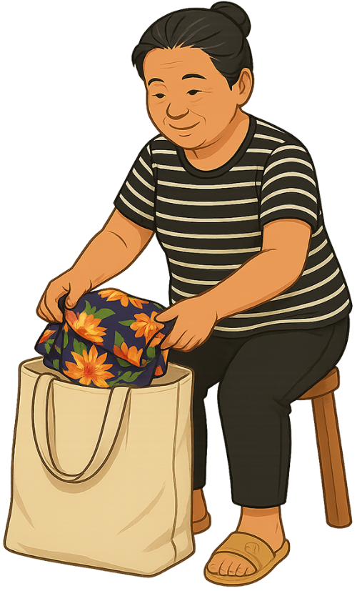 Bà cô, gói đồ, phụ nữ, giỏ đồ, sấp vải, ghế, aunt, wrapping goods, woman, basket of goods, fabric stack, chair