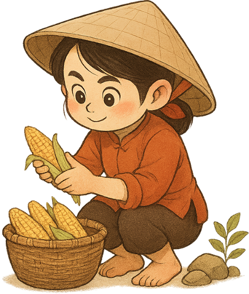 Cô gái, vặt ngô, phụ nữ, nón lá, trái ngô, giỏ, giỏ tre, cây cỏ, đá, dễ thương, Girl, shucking corn, woman, conical hat, corn cob, basket, bamboo basket, grass, rock, cute
