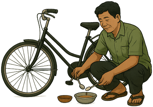 Ông chú, sửa xe, đàn ông, thợ sửa xe, xe đạp, nồi, vít, uncle, repairing bicycle, man, mechanic, bicycle, pot, screw 2