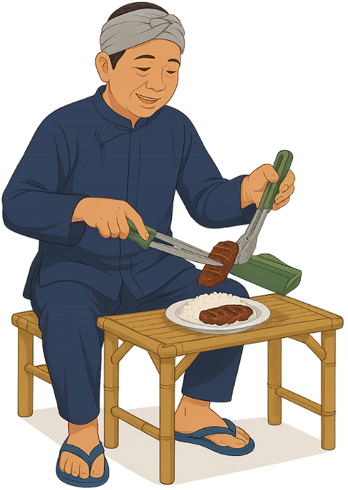 Ông chú, làm cơm, đàn ông, sườn nướng, đĩa cơm, bàn tre, kéo, kẹp gắp thức ăn, uncle, preparing rice, man, grilled ribs, rice plate, bamboo table, scissors, food tongs
