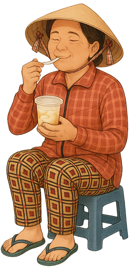 Bà cô, ăn đậu hũ, phụ nữ, nón lá, thìa, ly đậu hũ, ghế, aunt, eating tofu, woman, conical hat, spoon, cup of tofu, chair