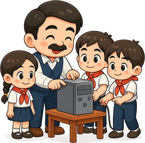 Giáo viên, thầy giáo, học sinh, sửa máy tính, teacher, male teacher, students, repairing computer
