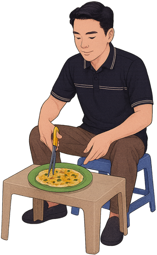 Chàng trai, cắt bánh tráng nướng, đàn ông, kéo, bàn, ghế, đĩa, bánh tráng nướng, young man, cutting grilled rice paper, man, scissors, table, chair, plate, grilled rice paper
