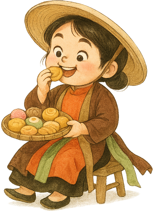 Cô gái, ăn bánh, phụ nữ, giỏ bánh, ghế, ghế tre, girl, eating cake, woman, basket of snacks, chair, bamboo chair, cute