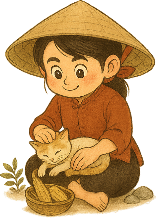 Cô gái, vuốt ve, phụ nữ, mèo, nón lá, giỏ, ngô, dễ thương, girl, petting, woman, cat, conical hat, basket, corn, cute