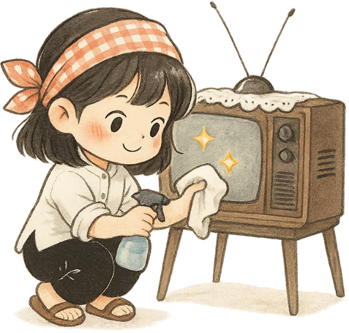 Cô gái, lau chùi, phụ nữ, tivi, khăn lau, bình xịt, dễ thương, girl, cleaning, woman, TV, cleaning cloth, spray bottle, cute