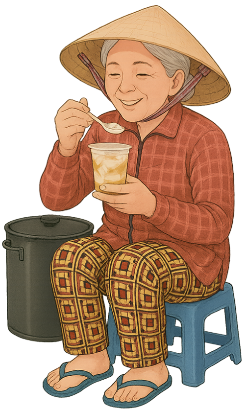Bà cô, ăn đậu hũ, phụ nữ, nón lá, thìa, ly đậu hũ, ghế, aunt, eating tofu, woman, conical hat, spoon, cup of tofu, chair 4