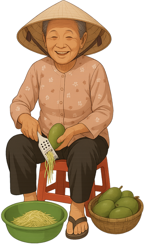 Bà cụ, bào xoài, phụ nữ, nón lá, xoài, dao bào, rổ tre, thau nhựa, old woman, shredding mango, woman, conical hat, mango, peeler, bamboo basket, plastic basin 4