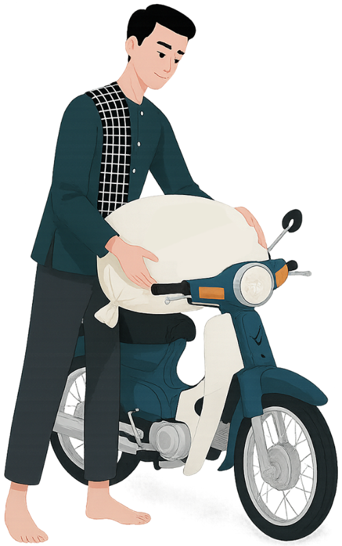 Chàng trai, dắt xe, đàn ông, bao gạo, xe máy, young man, leading motorcycle, man, rice bag, motorcycle