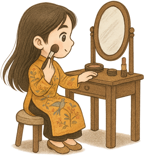 Cô gái, trang điểm, phụ nữ, vui vẻ, ghế, bàn trang điểm, gương, girl, applying makeup, woman, cheerful, chair, vanity table, mirror